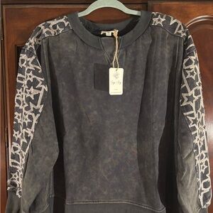 Chic Boutique “Sage + Fig” Sweatshirt Burnout Black Embroidered Star Sleeves